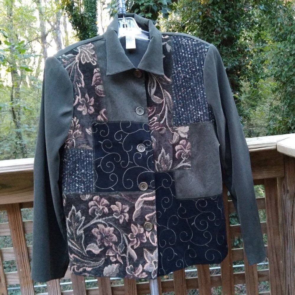 Green Velvety Soft Lightweight Multi Textured Artistic Patchwork Jacket  Sz PL - Picture 4 of 9